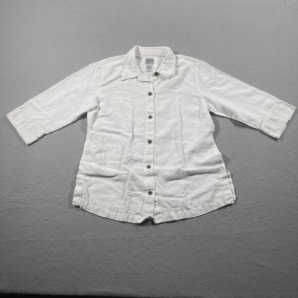 Chicos Shirt Womens 1 White Linen Button Up 3/4 Sleeve‎ Collared Blouse Top - Picture 1 of 10